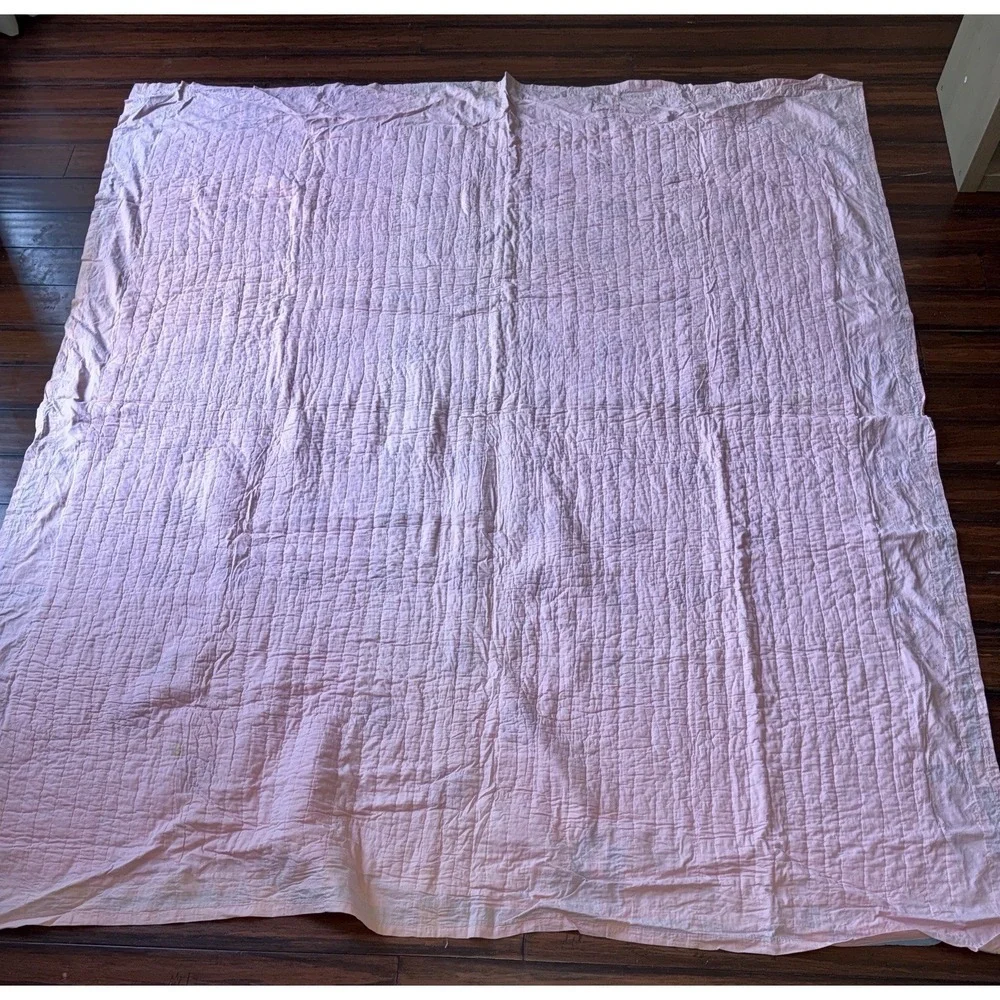 Vtg 1930s Feedsack Quilt Handmade Patchwork Pink Backing Names 75x88